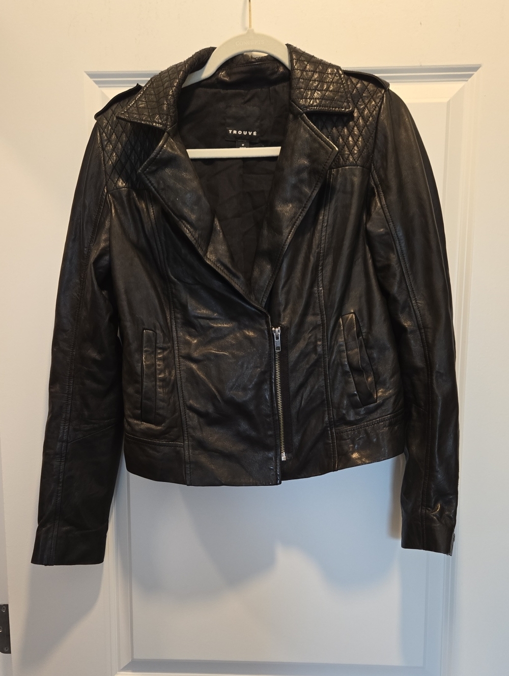 Trouve Black Quilted-Shoulder Leather Moto Jacket